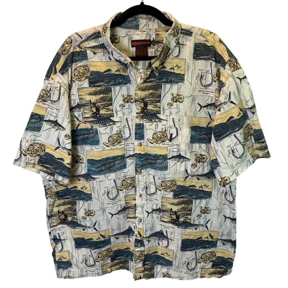 Sportif USA Button Up Fishing Shirt Men XXL Multicolor Marlin Hook Reel Cotton